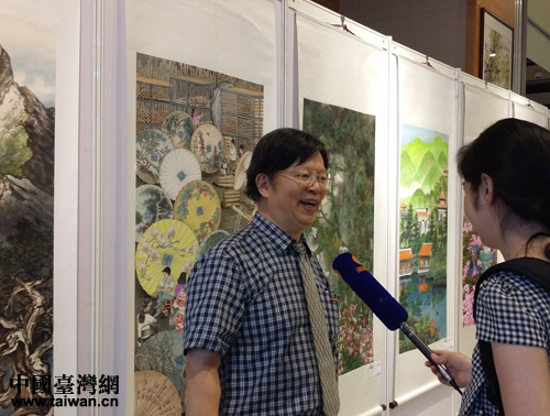 中华现代国画研究学会（台湾）理事长陈铭显介绍参展的台湾画作